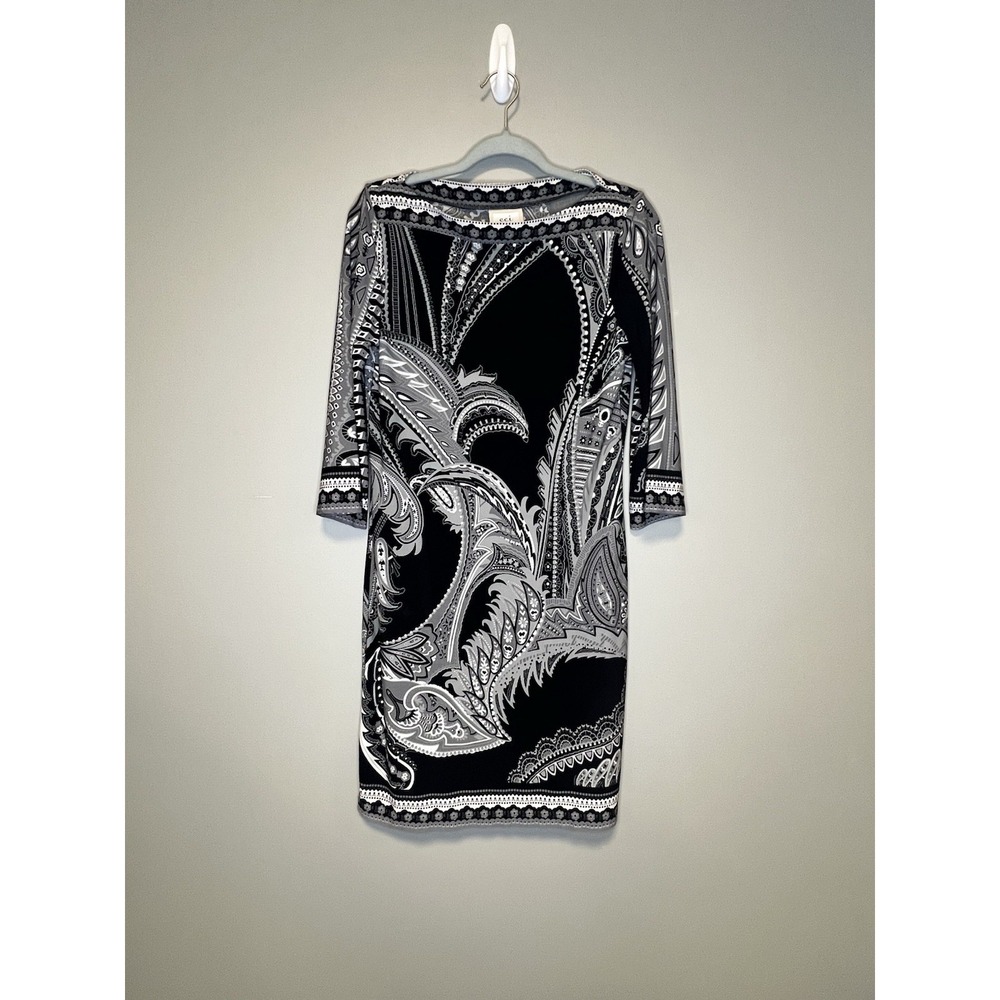ECI NEW YORK SIZE Small Paisley GEO PRINT DRESS 3/4 Sleeve black,gray,white
